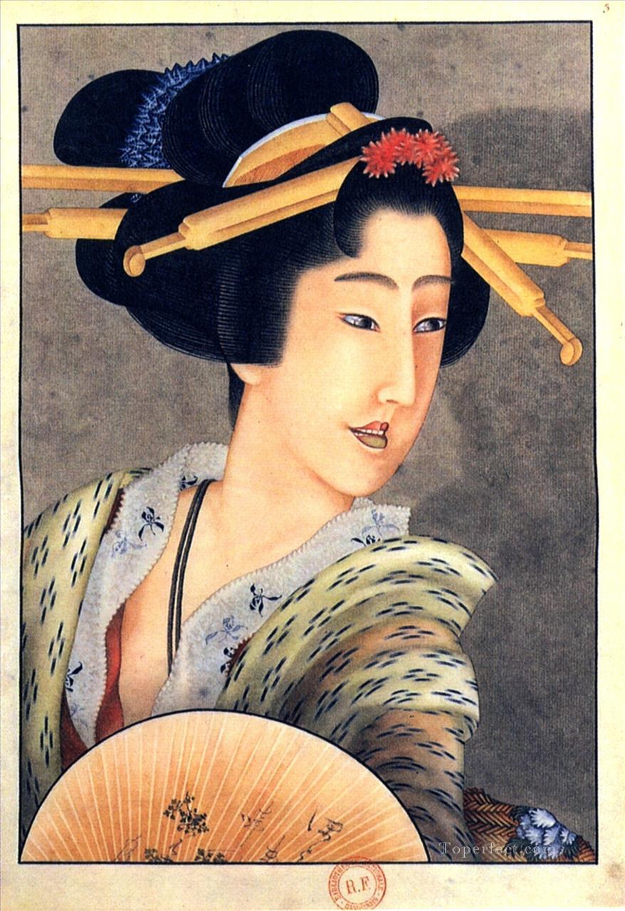 扇を持った女性の肖像 葛飾北斎 浮世絵油絵